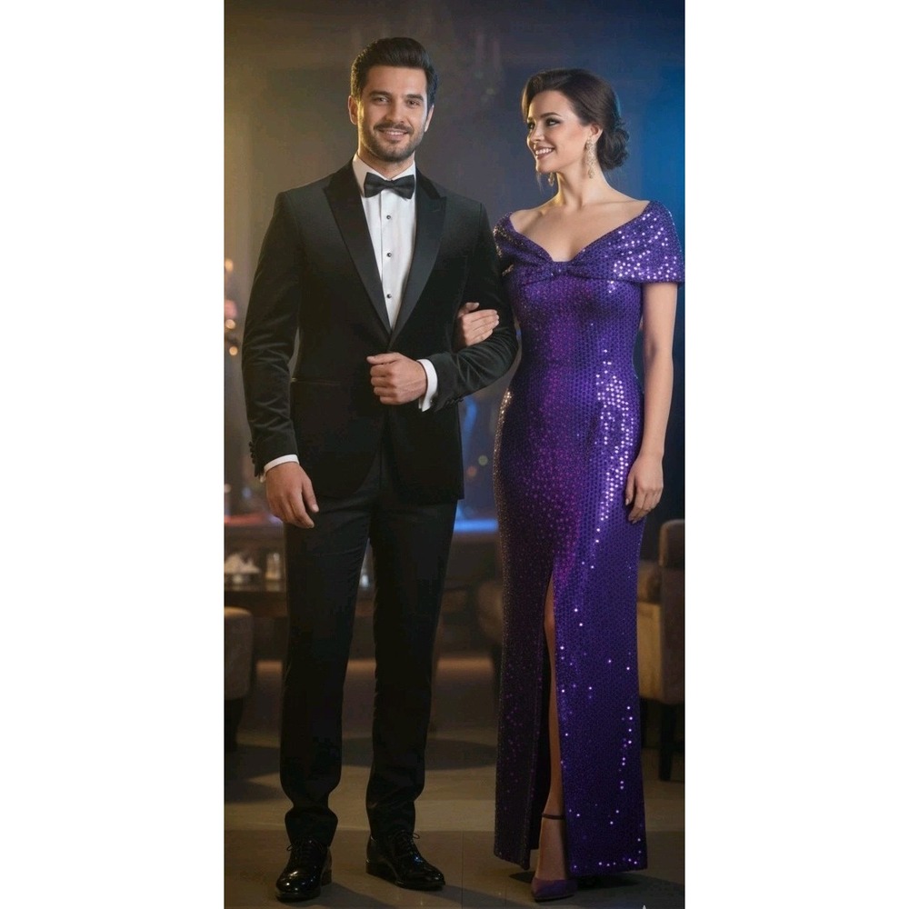 VTG 80s Metallic Purple Sequined Off-Shoulder Cocktail Prom Dress  Night Moves